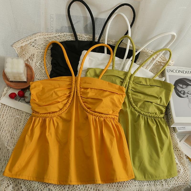 

Women's Tanks Chic Ruffle Camis French Style Fashion Top Off Shoulder Pleated Crop Cute A-line Sling Summer Women Bustier Tops, White