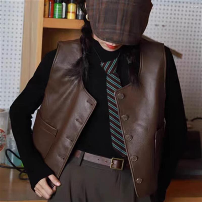 

Women' Vests PU Leather Vest Vintage Women Sleeveless O Neck Button Tank Tops, Black