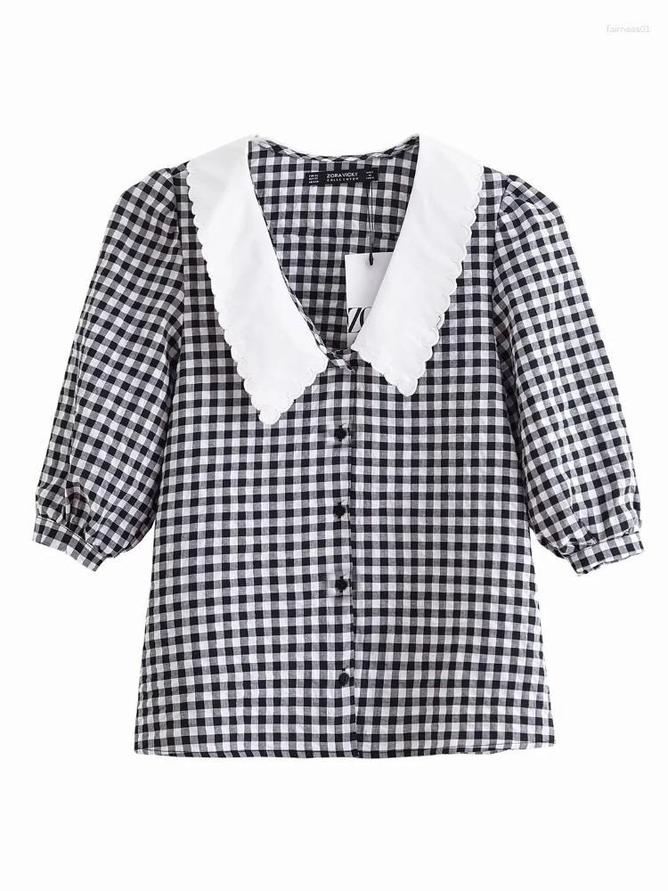 

Women's Blouses Casual Woman Embroidery Turndown Collar Plaid Shirt Fashion Ladies Lantern Sleeve Blouse Loose Tops S7270, Picture shown