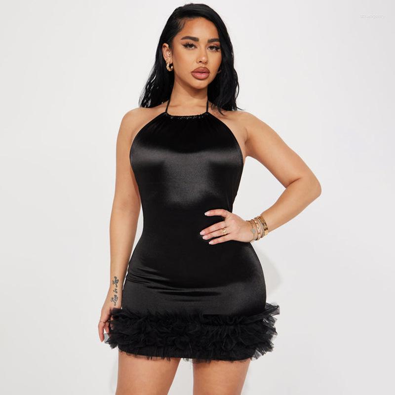 

Casual Dresses Zoctoo Y2K Sweet Cool Patchwork Dress Hanging Neck Spicy Girl Short Skirt Temperament Evening Outfits Open Back Lace Up, Black