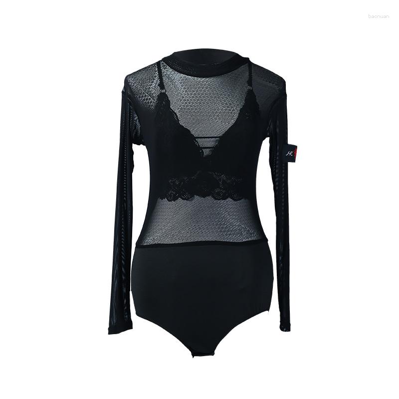 

Stage Wear 2023 Ballroom Latin Dance Tops Women Sexy Leotard Practice Long Sleeve O Collar Adult Dancing Clothes, Black tops