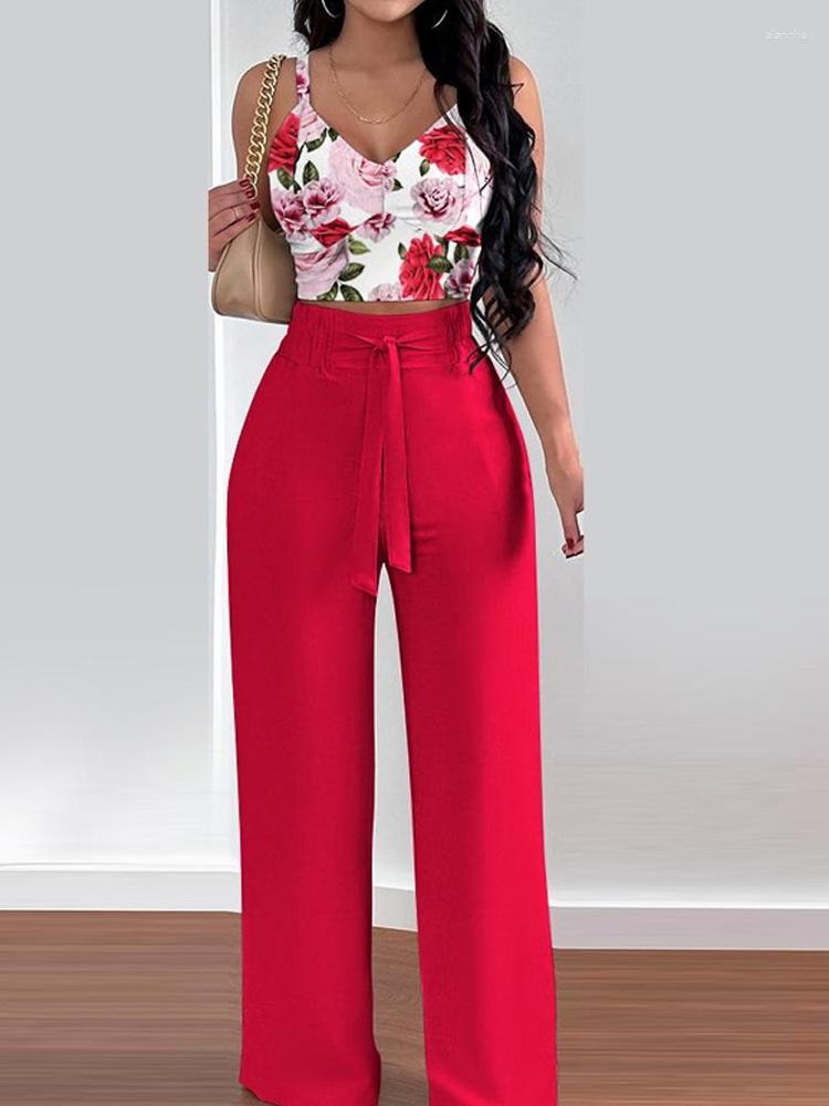 

Women' Two Piece Pants Sexy Print Women Set Flower Backless Sleeveless Tank Corset Pieces Female 2023 Wide Leg Waist Trousers Outfits, Red printing