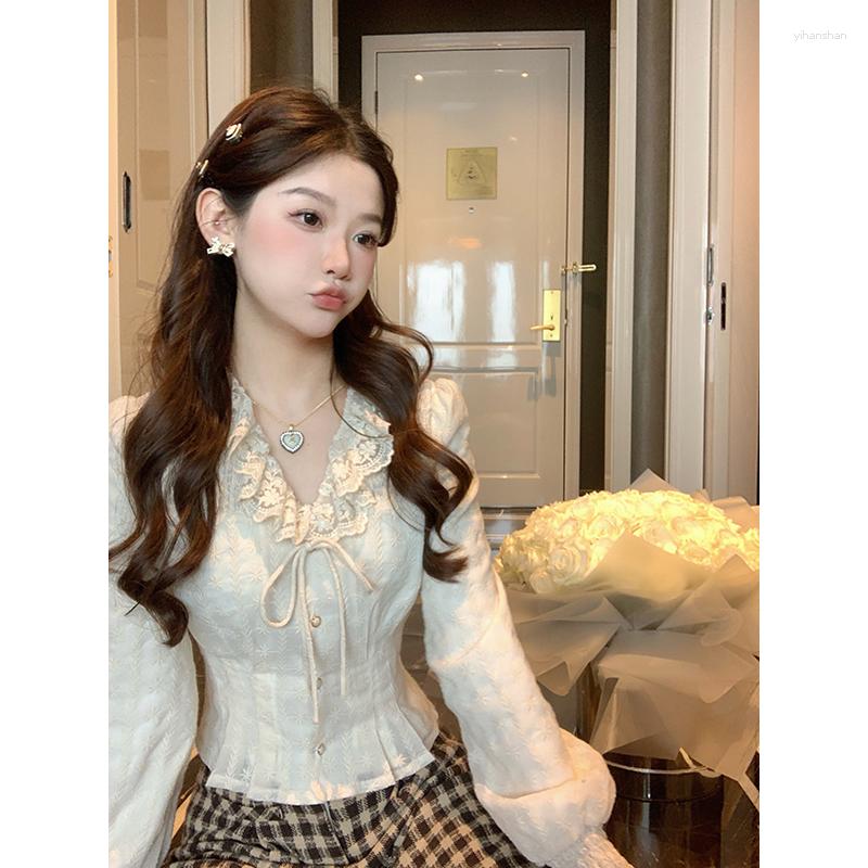 

Women's Blouses Elegant Women Shirts Vintage Courtly Office Lady Casual Lace Single Breasted Tops Korean Fashion Blouse Long Sleeve T-shirt, Beige