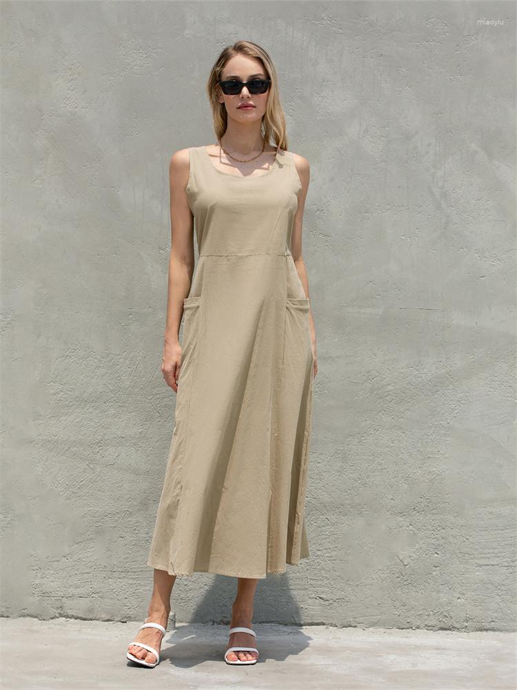 

Casual Dresses Women Solid Color Summer Long Dress Sleeveless Square Neck Loose A-line With Pocket Bohemian Beach Chic, Pink