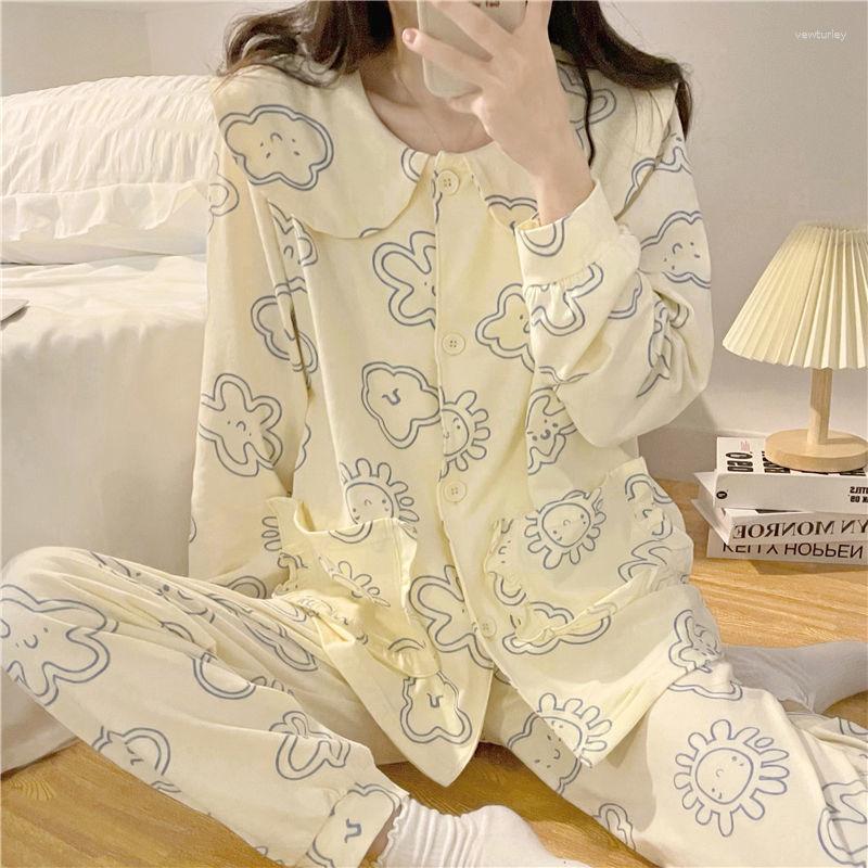 

Women's Sleepwear Korean Style Women Pajama Sets Spring Autumn Long Sleeve Floral Print Nightwear Loose Elegant Pyjamas Female Leisure, Beige