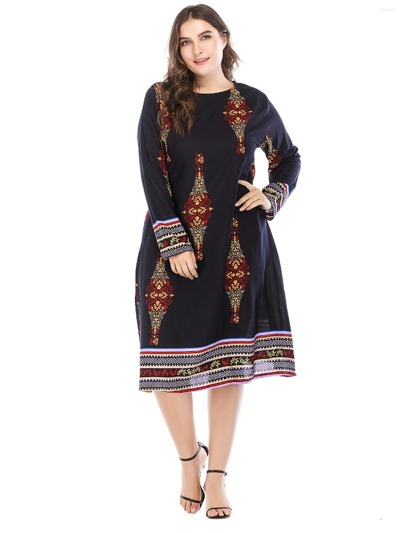 

Plus Size Dresses Ethnic Print Round Neck Loose Fit Maxi Dress Women''s Long Sleeve Boho, Black
