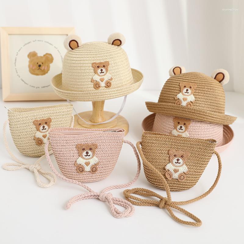 

Berets 2-5 Years Kids Sun Hat Girls Summer Straw Bag Cap Set Baby Travel Protection Beach Hats Fisherman For Child, Beige bag