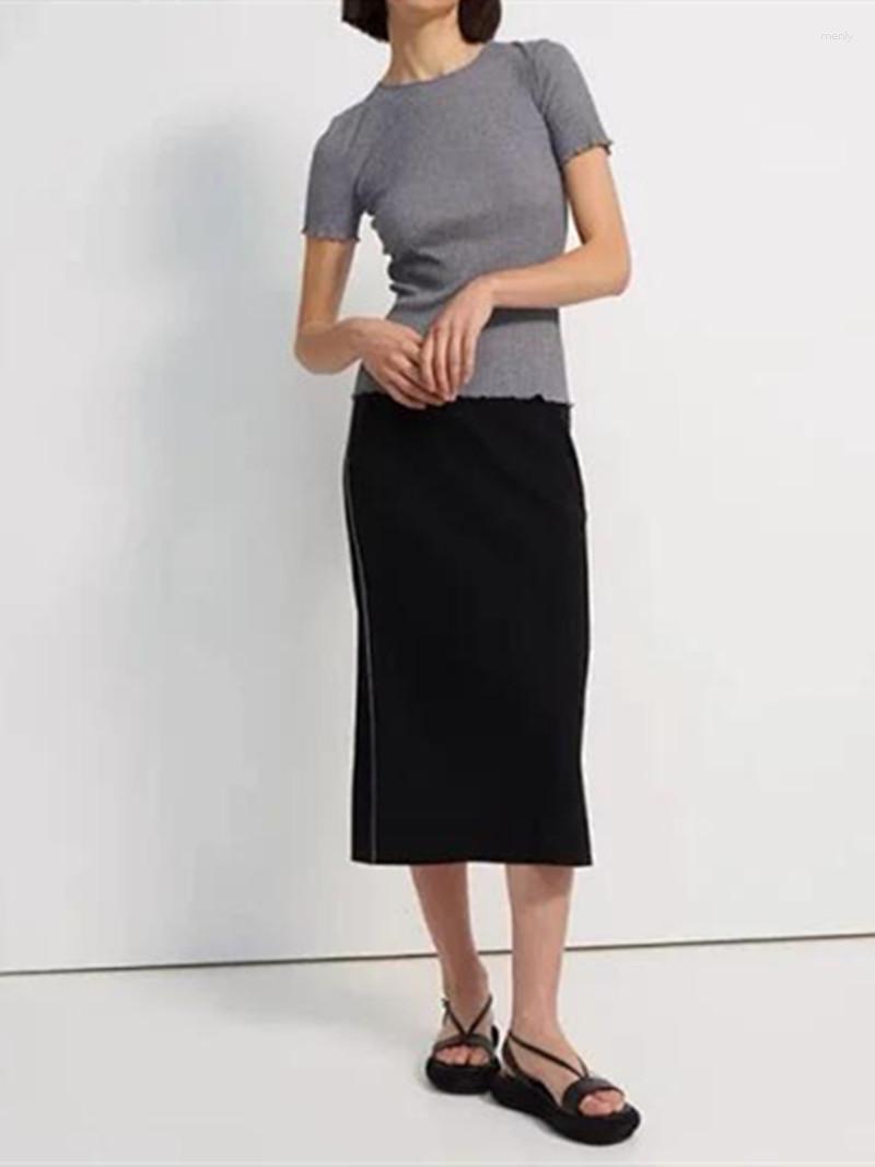 

Women's T Shirts Women's Tee Knitted Stripes O-Neck Solid Slim Rib Short Sleeve Tops Cotton Blend Casual Summer 2023