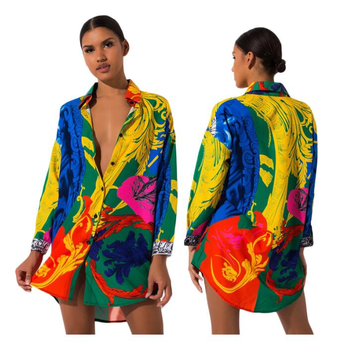 

2023 New Fashion Women Shirt Dress Long Sleeve Vestidos Designer Dresses Colorful Painted One Piece Wholesale Clothing, Beige