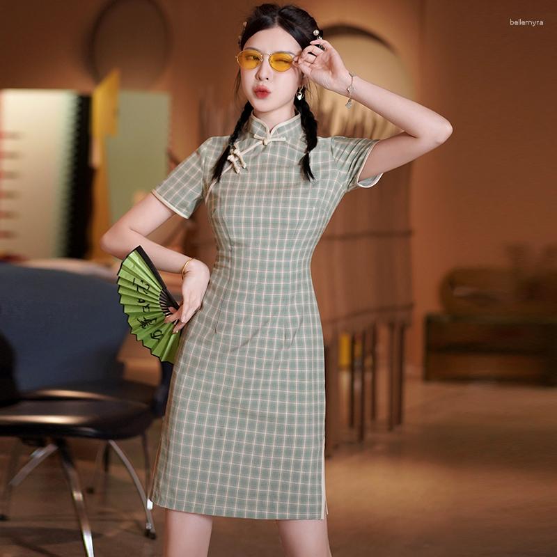 

Ethnic Clothing Chinese Traditional Plaid Cheongsam 2023 Summer Modern Improved Young Women Daily Short Qipao Dress