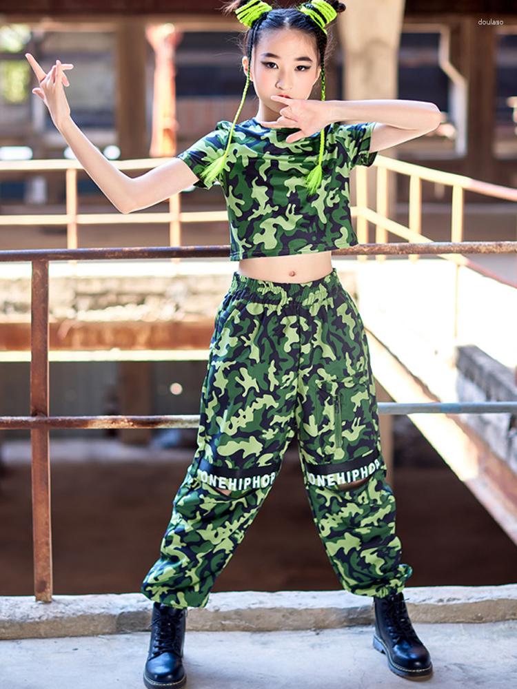 

Stage Wear Kids Jazz Costume Girls Hip Hop Dance Outfit Camouflage Short Sleeves Street Clothes Concert Show Rave BL8208, Green
