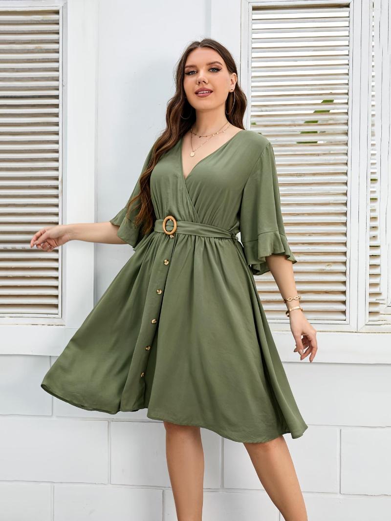 

Plus Size Dresses Valentine Day Half Sleeve Button Up V Neck Dress With Belt Women's Elegant Slim Fit Women, Army green