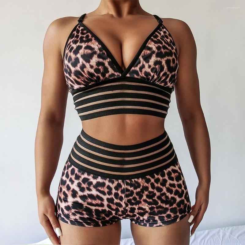 

Women' Tracksuits 2pcs Sport Set Women Yoga Suit Workout Leopard Leggings Top Bra Add Shorts Pant Athletic Short Fitness Tight