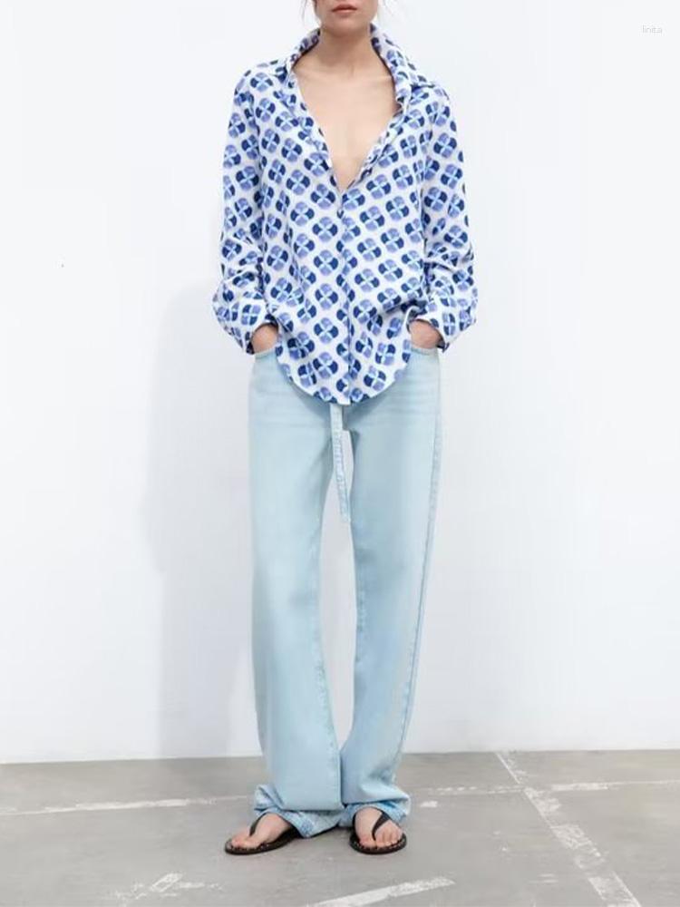 

Women's Blouses Spring And Summer Women's Fashion All-match Blue Long-sleeved Lapel Loose Single-breasted Linen Blended Printed Shirt, Blue shirt