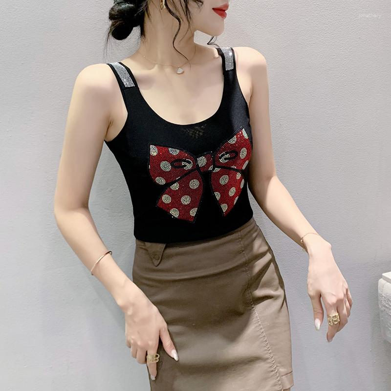 

Women's Tanks 2023 Summer Korean Clothes Mesh Vest Chic Sexy V-Neck Shiny Diamonds Bowknot Women's Tank Tops Sleeveless Drill All Match, Black