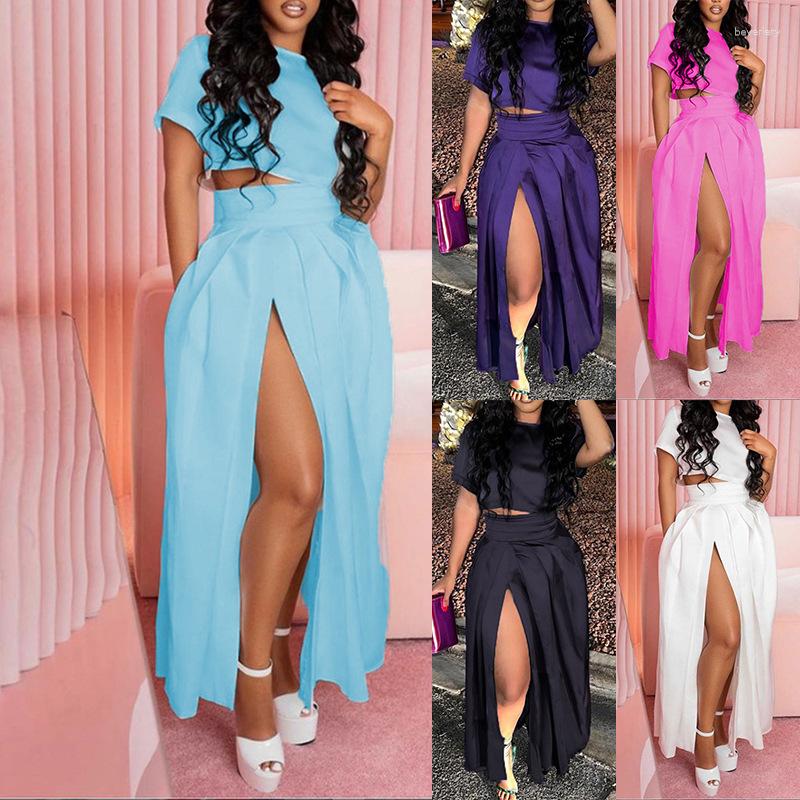 

Women's Tracksuits 2023 Women's Two-piece Set Temperament Solid Color Round Neck Open Waist Top Split Skirt Fashion Suit Women, Black