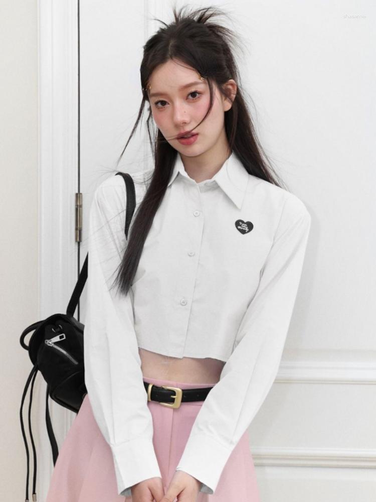 

Women' Blouses Hikigawa Long Sleeve Chic Fashion Blouse Turn Down Collar Heart Embroidery Shirt All Match Casual Loose Top Blusas Mujer De, Pink