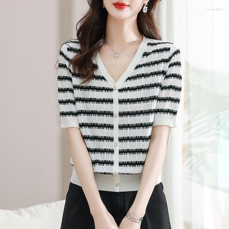 

Women's Blouses Elegant Fashion Skinny Striped Short Sleeve Button Korean V-neck Printing Simplicity Summer Thin Women's Clothing 2023, Green