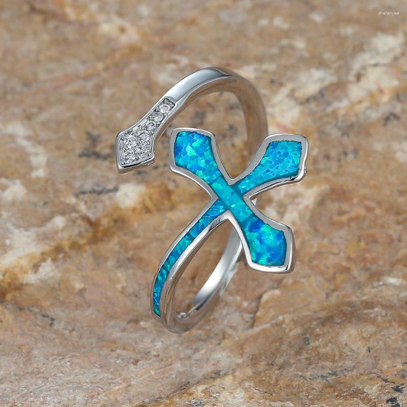 

Wedding Rings Trendy Female Cross Open Ring Charm Silver Color Thin For Women Dainty Bride Blue Fire Opal Engagement