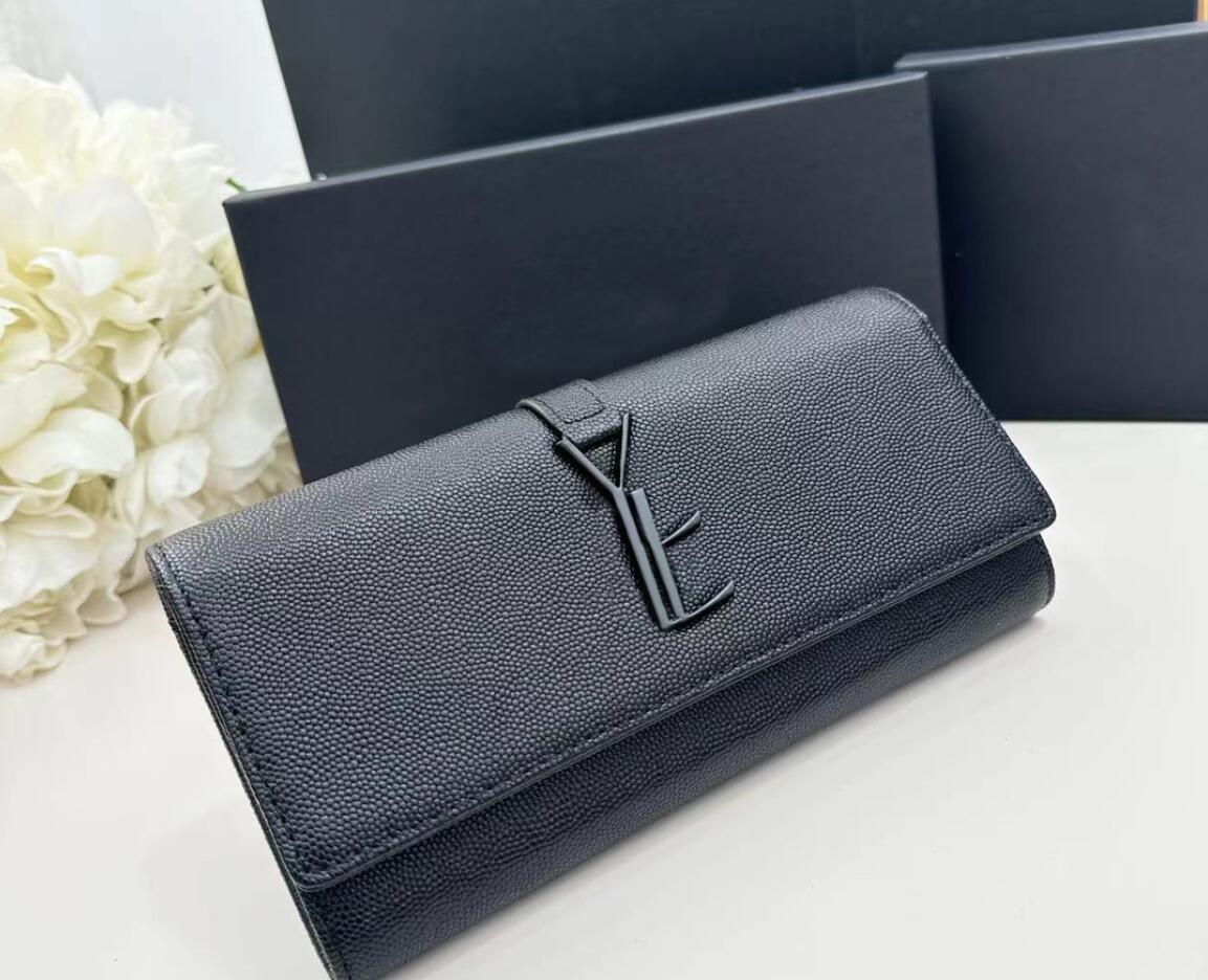 

100% Genuine leather luxurious wallets 10A top tier quality women caviar handbag clutch cardholder luxury designer wallet fold woc long wallets with Serial number, Black size19-9cm