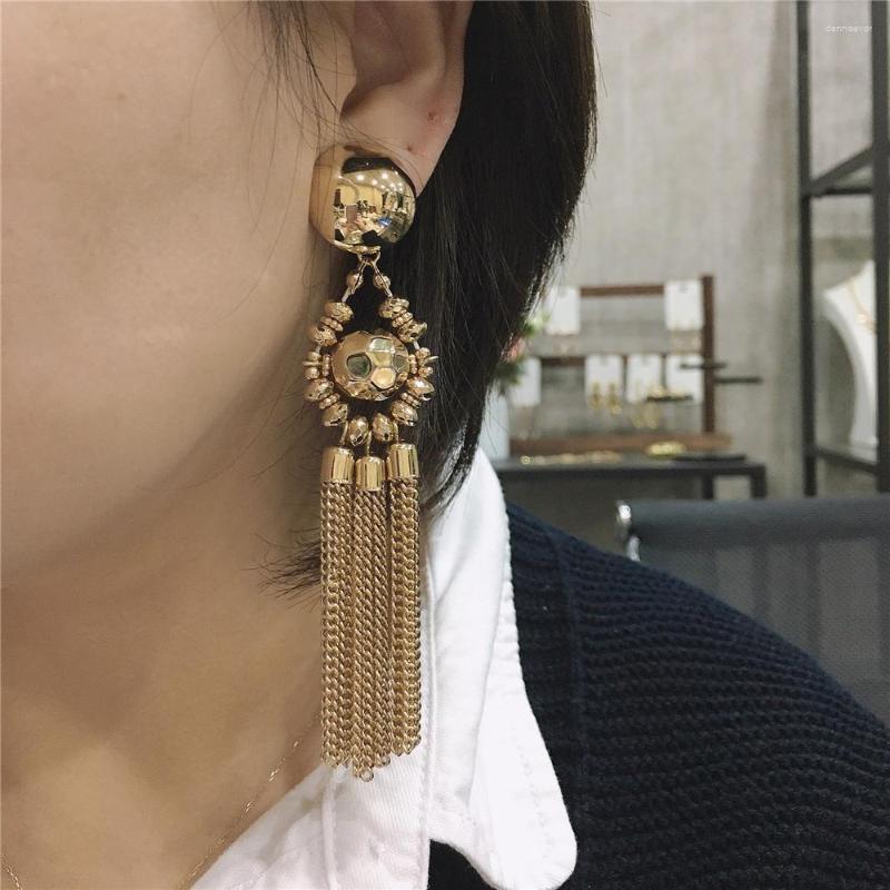 

Dangle Earrings Bohemia Gold Color Plating Disc Ball With Chain Tassel Long Drop Clip Type For Women Girl Casual Party Decoration Jewel