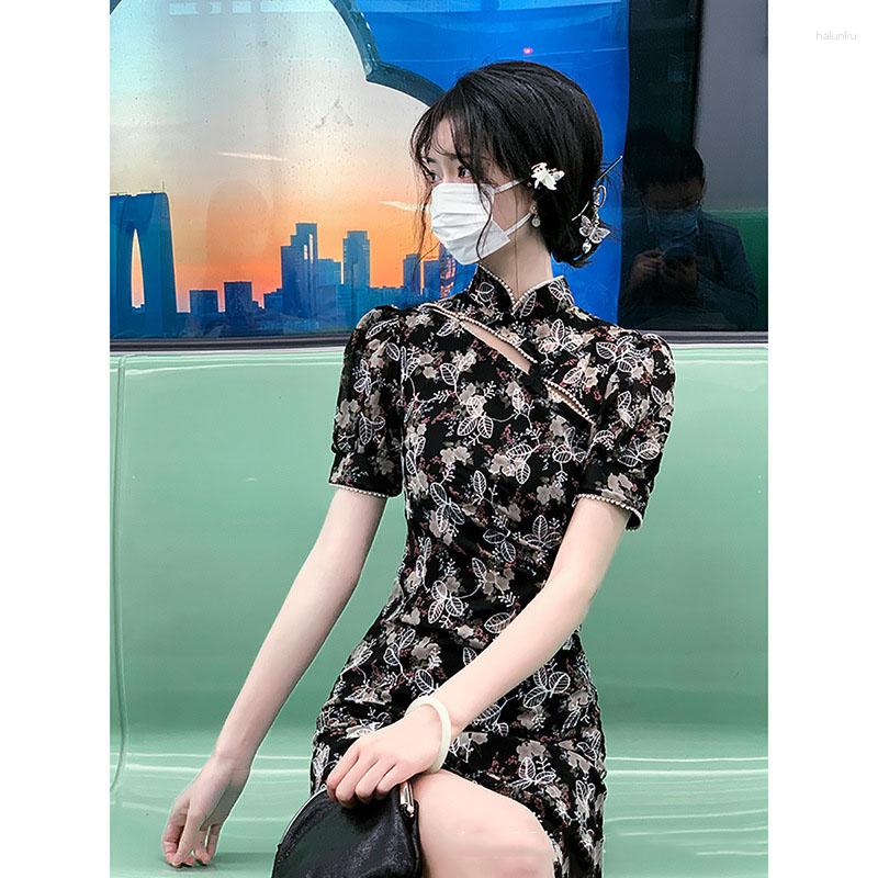

Ethnic Clothing Black Floral Chinese Traditional Cheongsam Improved Female Dresses Women Vintage Short Dress Young Girl Summer Qipao