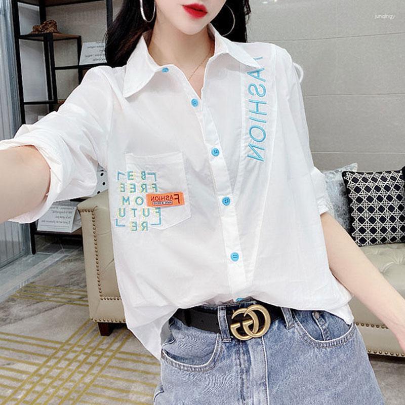 

Women' Blouses 2023 Commute Turn-down Collar Shirt Stylish Letter Embroidery Female Clothing Single-breasted Summer Casual Spliced Loose, White