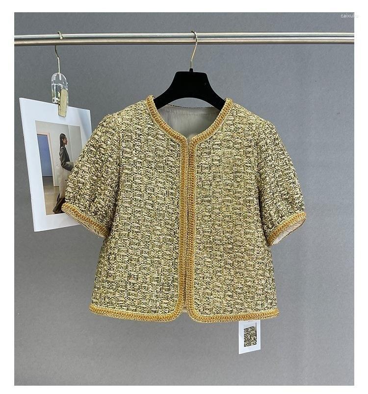 

Women' Jackets 2023 Spring Brand Designer Women' High Quality Gold Color Plaid Short-sleeves Tweed C747