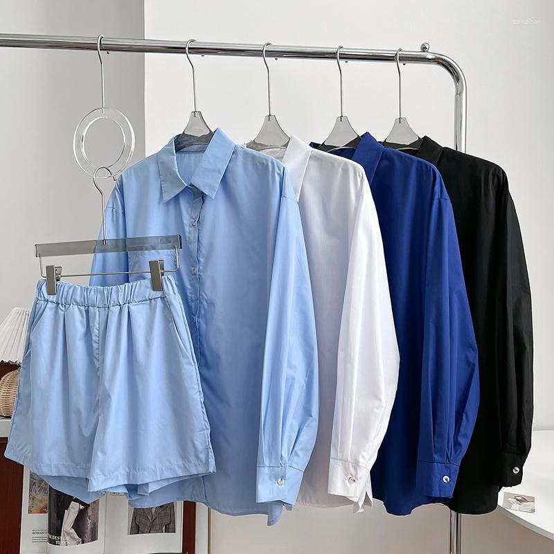 

Women's Tracksuits Women's Loose Casual All-match Polo Collar Single-breasted Long-sleeved Shirt Elastic Waist Shorts Wide-leg Pants, Black