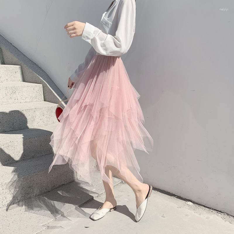 

Skirts Fashion High Waist Chiffon Women's Skirt Mesh Solid Color Bouffant Puffy Irregular Sexy Saia Pleated Black Jupe Longue, Blue