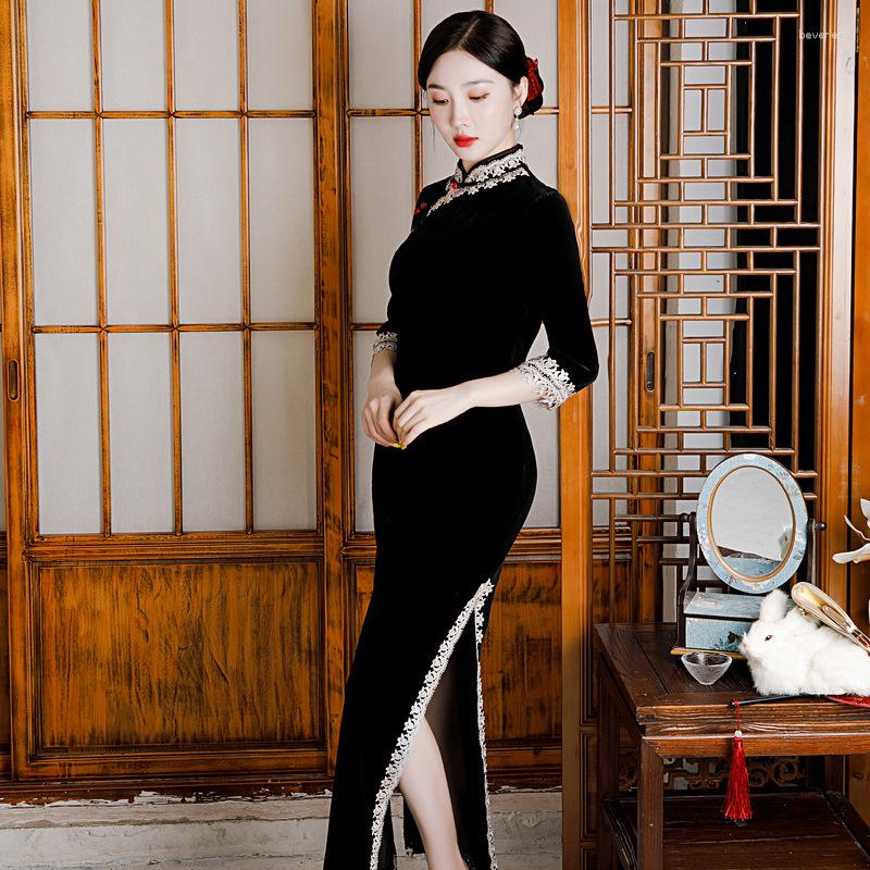 

Ethnic Clothing Autunm Lady Velour Solid Qipao Women Sexy Embroidery Mandarin Collar Party Dress Female Chinese Traditional Cheongsam