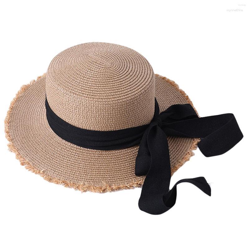 

Wide Brim Hats Women Visor Straw Hat With Bow Ribbon 2023 Raw Edge Decoration Beach Style Summer Accessory