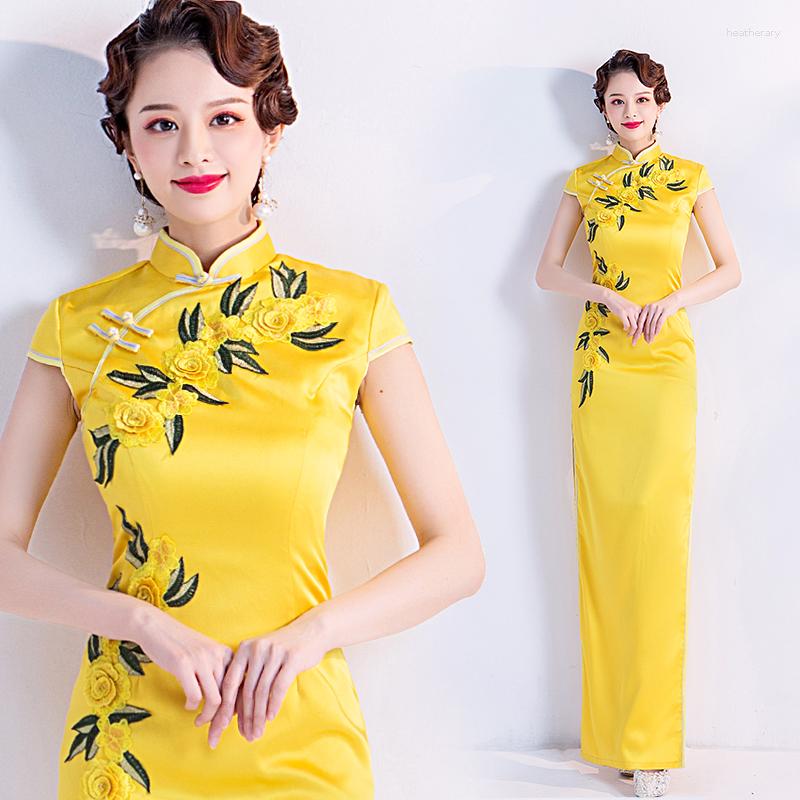 

Ethnic Clothing Yellow Appliques Chinese Women Qipao Dress Sexy Performance Show Cheongsam Madarin Collar Vestidos Short Sleeve Evening Gown