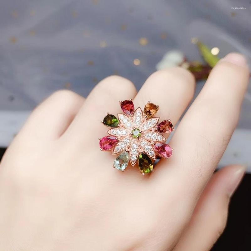 

Cluster Rings Fashion Candy Color Tourmaline Gemstone Ring For Women Ornament Flower Style Natural Gem Certificate Real 925 Silver Girl Gift