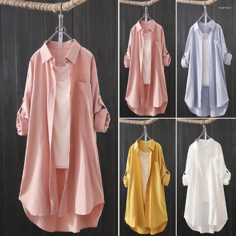 

Women's Blouses Turn Down Collar Long Sleeve Single-breasted Women Shirt Casual Solid Color Mid-Length Coat Female Clothing, White