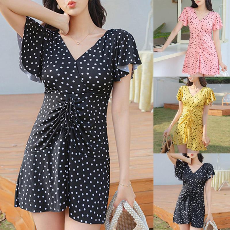 

Women's Swimwear Women Fashion V Neck Small Fresh Wavy Point Pleated Thin Skirt Spring Swimsuit, Black