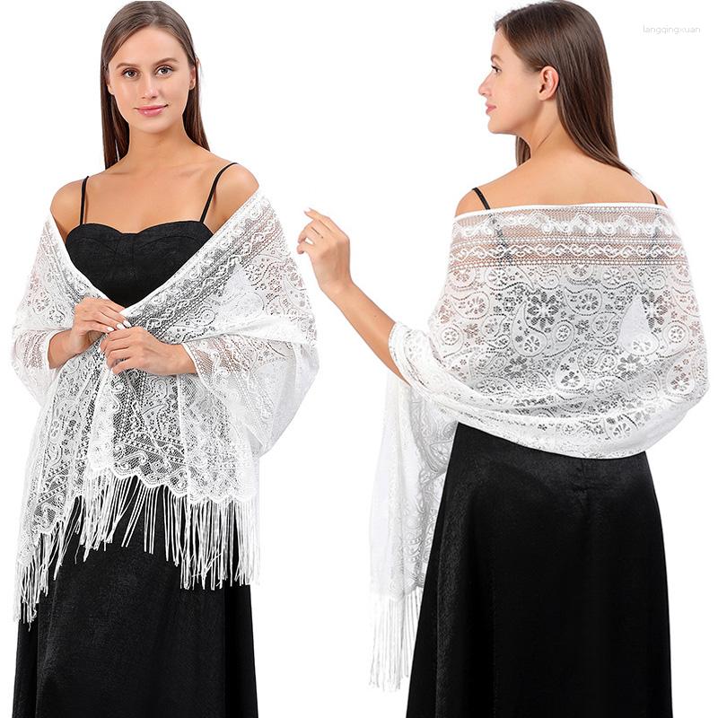 

Scarves Elegant Women Solid Lace Evening Dress Shawl Sheer Hollow Tassel Wraps Bridal Bridesmaid Mesh Yarn Wedding Party
