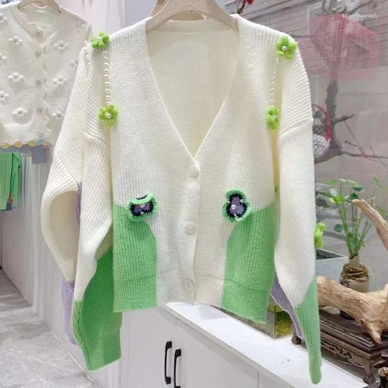 

Women's Knits 2023 Autumn Knitted Cardigan Coat Floral Long Sleeve Casual Blusas Girl V-neck Tops Y2K Clothes Elegant 22790, Green