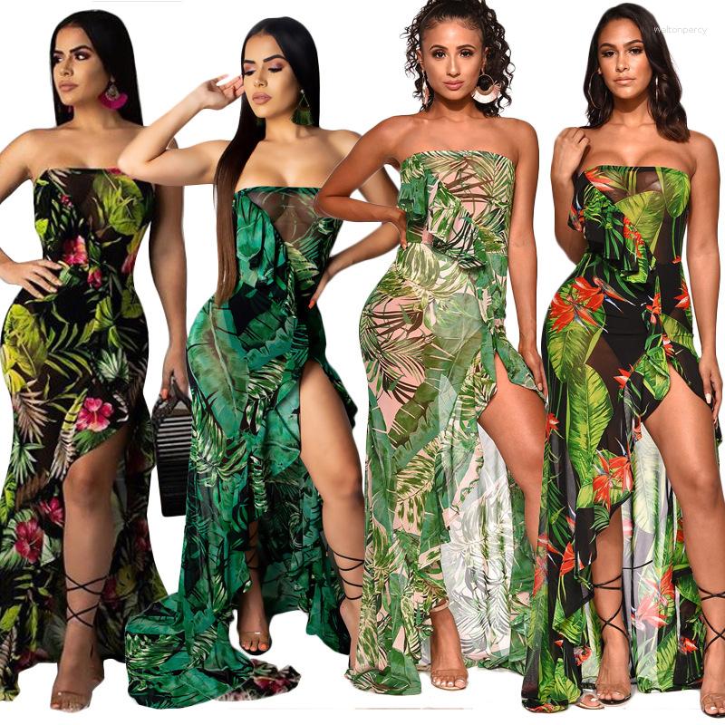 

Women' Swimwear Beach Dress Summer Women 2023 Swimsuit For Clothing Print Polyester Mesh Ruffled Sexy Robe Swim Cover Up The Bikini Bathing, Green