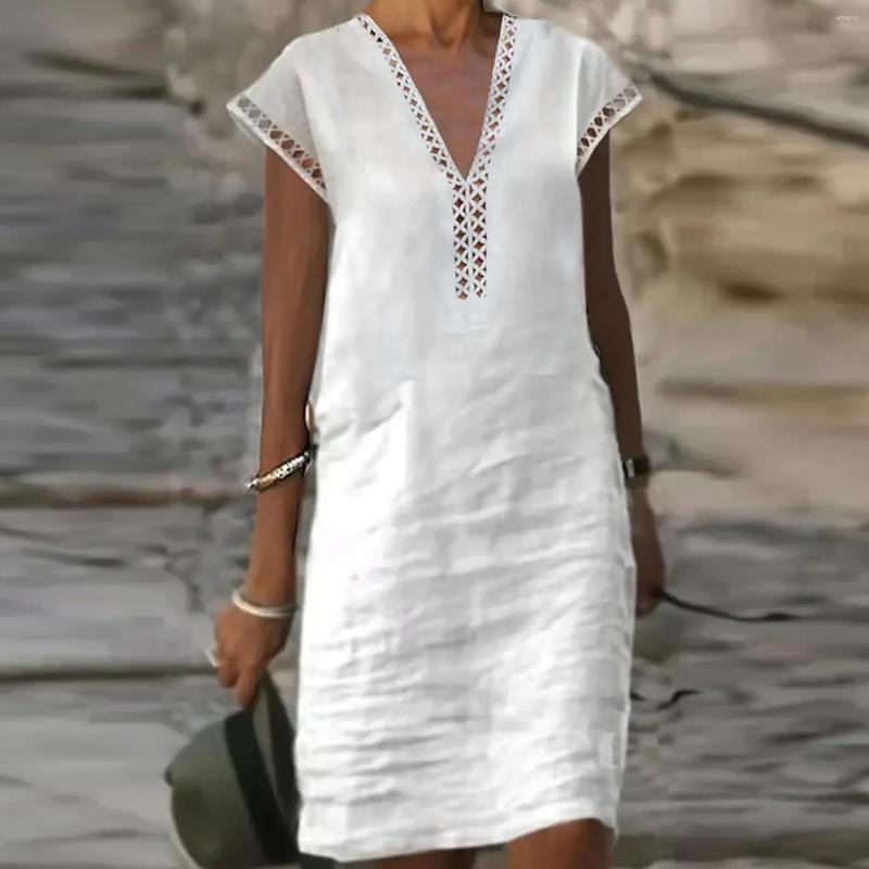 

Casual Dresses Women Summer Cotton Linen Dress Short Sleeve Lace V Neck Boho Beach Loose Elegant Vestidos, Blue