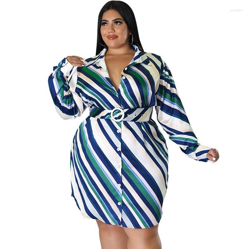 

Plus Size Dresses Clothes For Women 4XL 5XL Autumn 2023 Elegant Turn Down Collar Striped Long Sleeve Shirt Dress With Belt Casual DressPlus, Green