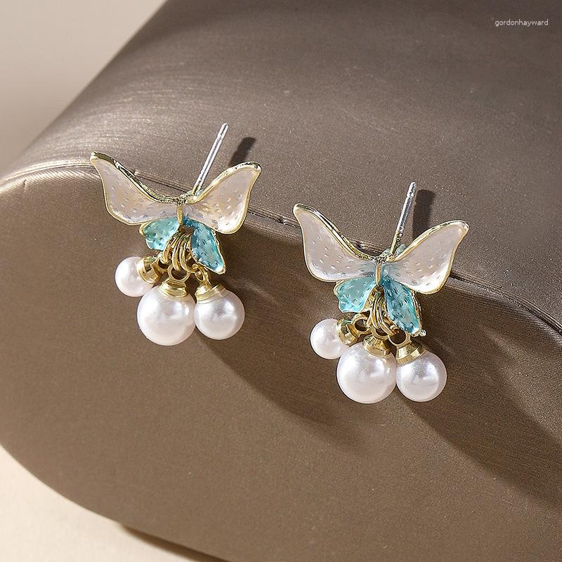 

Dangle Earrings Sky Blue Gradual Bow Fresh And Sweet Tassel Pearl Jewelry For Women