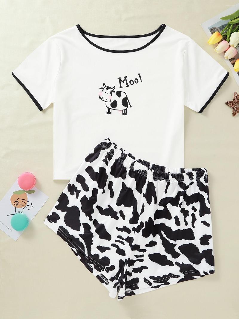 

Women' Sleepwear Style Lady' Cartoon Dairy Cow Print Short Sleeve T Shirts & Shorts Pajama Set Summer Comfortable Home Suits, As photo