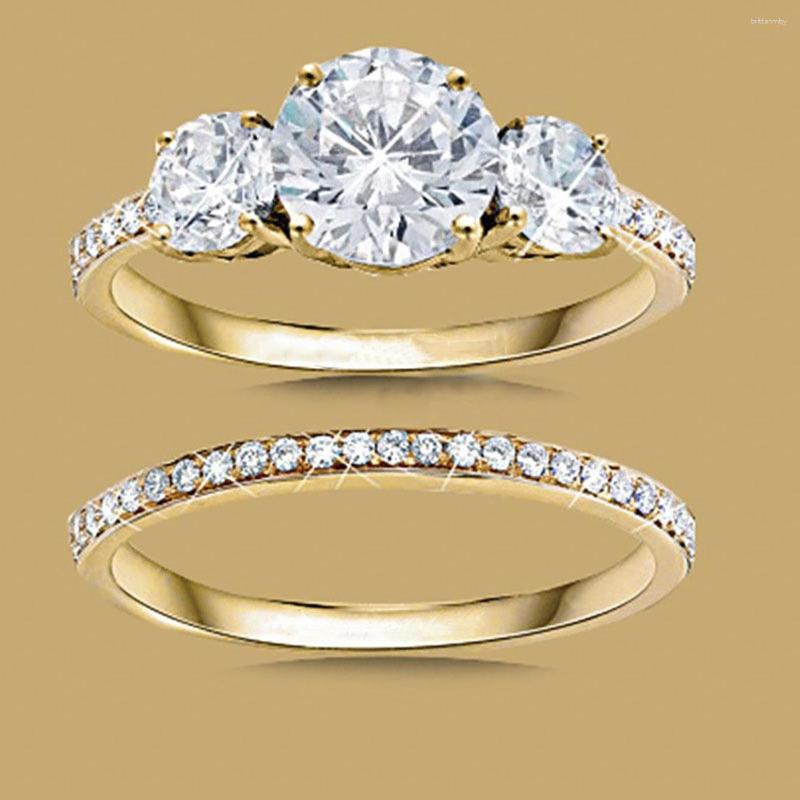 

Wedding Rings Luxury Classic Round Zircon Gold Color Double For Women Bride Female Jewelry Engagement Accessories Party Gifts
