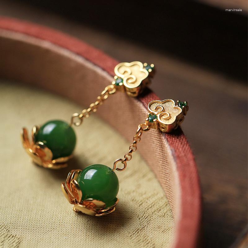 

Dangle Earrings Ancient Gold Craftsmanship Inlay Natural Hetian Jasper Flower For Women Chinese Style Vintage Bead Ruyi Eardrop Jewelry