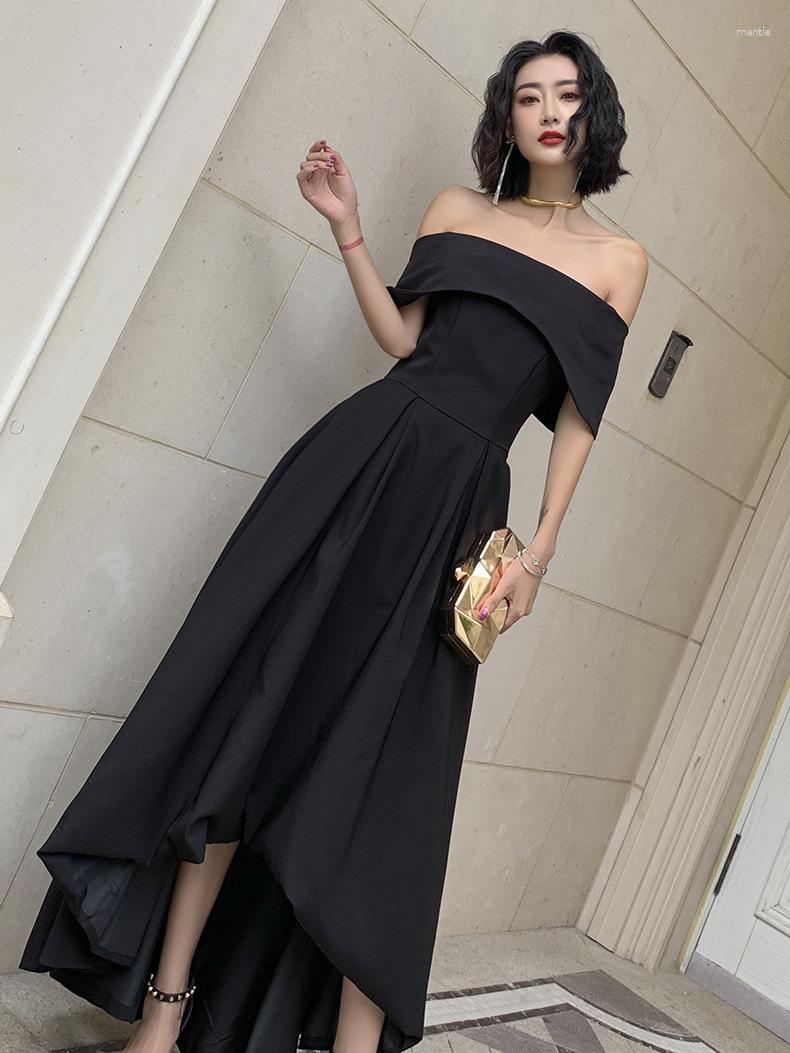 

Party Dresses Black Elegant Cocktail Off-Shoulder Backless Sexy High Low Evening Dress Sleeveless Draped Solid Color Chic Gowns