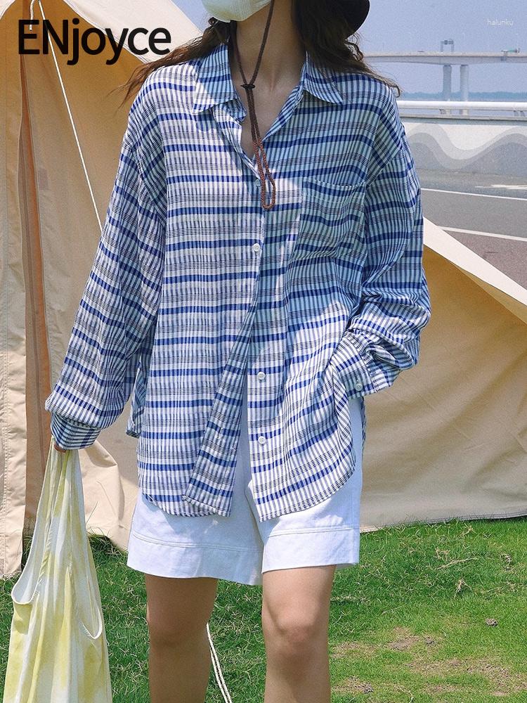 

Women' Blouses ENjoyce Summer Women Vintage Striped Loose Long Sleeve Blue Shirts Ladies Casual Holiday Sunscreen Lightweight Shirt