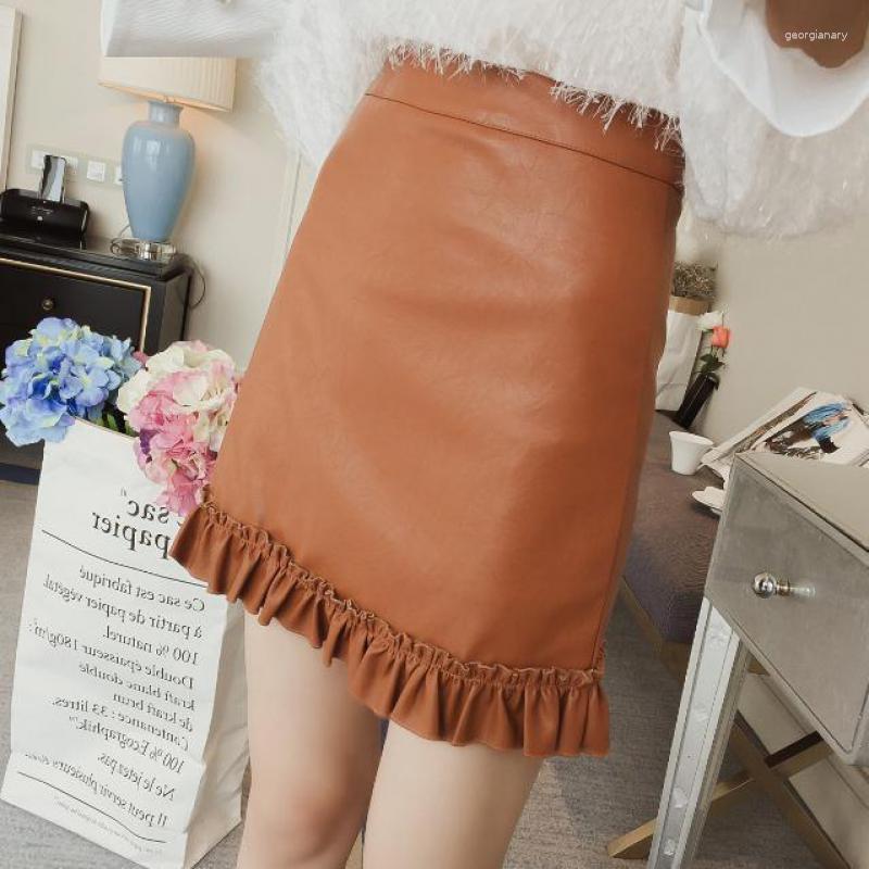 

Skirts 2023 Spring Fashion Agaric Ruffles Bright Pu Leather Skirt Women Sexy Slim Mini Vintage Ladies, Auburn