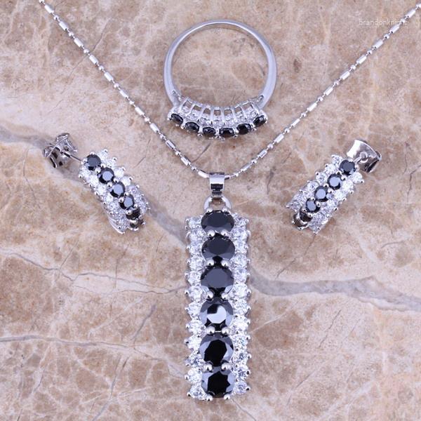 

Necklace Earrings Set Fetching Black Cubic Zirconia White CZ Silver Plated Pendant Ring Size 5 / 6 7 8 9 10 11 S0157, Picture shown