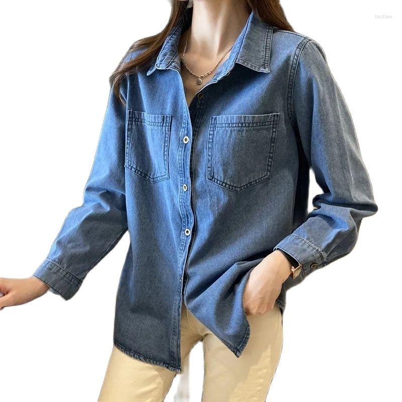

Women' Blouses Retro Denim Shirt Women' Spring 2023 Coat Loose Long-Sleeved Cowboy Jacket Overlapping Blouse Design Sense Niche Female, Blue